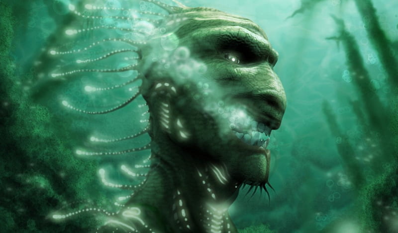 Acuatic creature, amphibian, underwater, monster, green, HD wallpaper