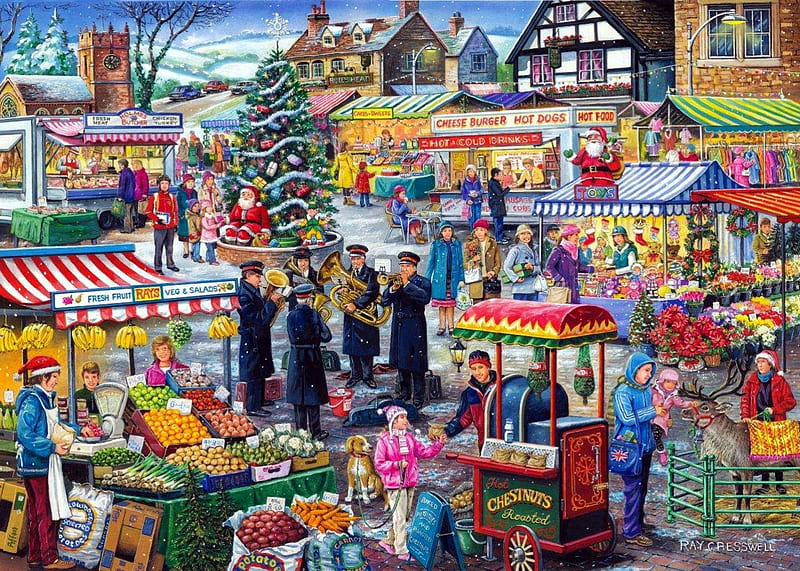 Festive Market, musicians, christmas tree, people, market stalls, village, HD wallpaper