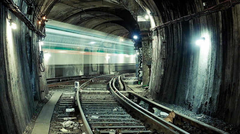 paris subway tunnel in long exposure, train, long exposure, tunnel, rails, lights, HD wallpaper