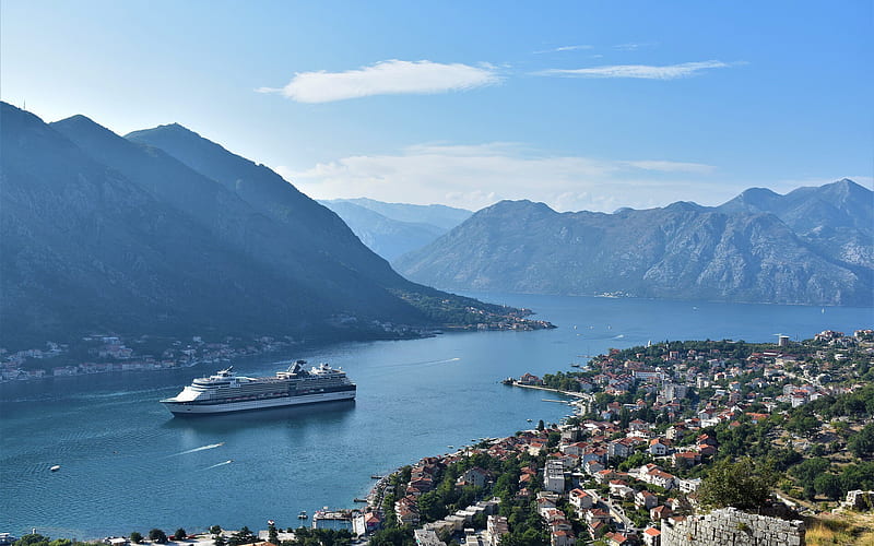 Kotor, Montenegro, cruise ship, bay, summer, mountain landscape, resorts of Montenegro, Kotor panorama, HD wallpaper
