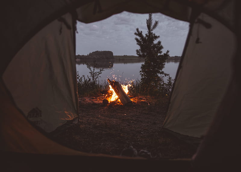 tent, campfire, camping, fire, sparks, HD wallpaper