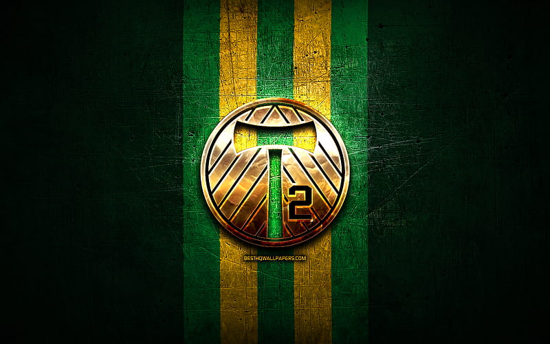 Portland Timbers 2 FC, golden logo, USL, green metal background, american soccer club, United Soccer League, Portland Timbers 2 logo, soccer, USA, HD wallpaper