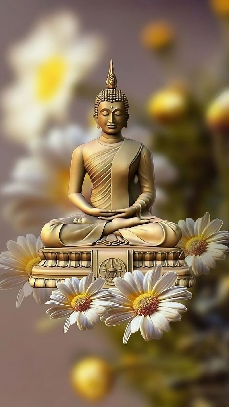 Mahatma Buddha, White Flower, lord buddha, golden statue, HD phone wallpaper