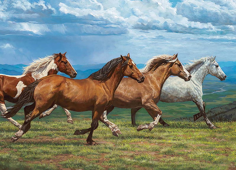 Windswept, sky, landscape, horses, painting, river, clouds, HD wallpaper