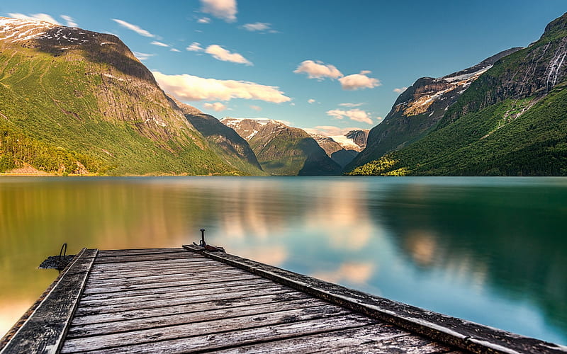 mountain lake, morning, pier, mountains, Norway, peace of mind concepts, HD wallpaper