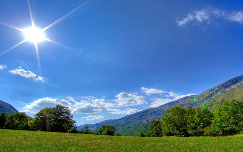 The sun over mountains, forest, sun, grass, blue sky, trees, clouds, meadow, HD wallpaper