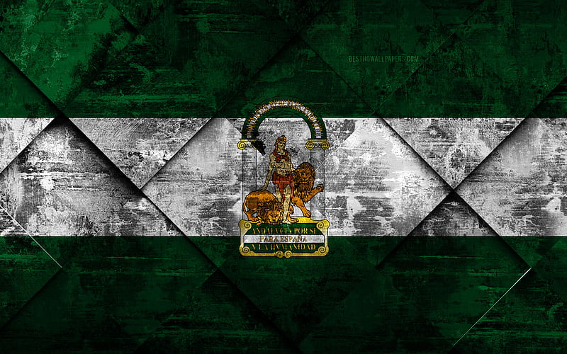 Flag of Andalusia, grunge art, rhombus grunge texture, Spanish autonomous community, Andalusia flag, Spain, Andalusia, Communities of Spain, creative art, HD wallpaper