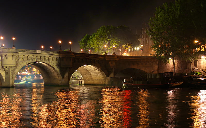 Quay St Michel, boats, bridge, houses, seine, river, trees, lights, night, HD wallpaper