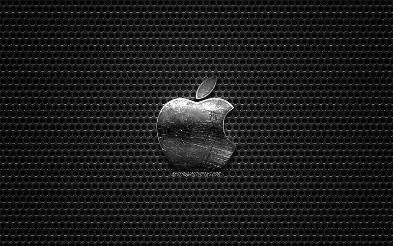 Apple logo, creative art, steel polished logo, emblem, metal mesh, dark background, Apple, HD wallpaper