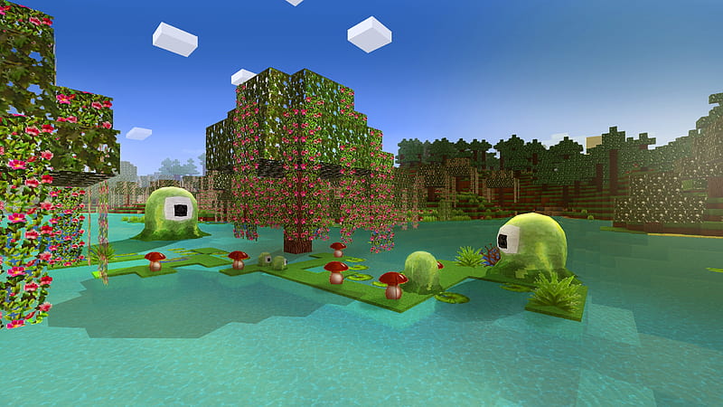 Slime Party in Forest in RealmCraft Minecraft Clone, gaming, playgames, mobile games, pixel games, realmcraft, sandbox, minecraft, games action, game, minecrafters, pixel art, open world game, art, 3d building games, fun, pixel, adventure, building, 3d, mobile, minecraft, HD wallpaper