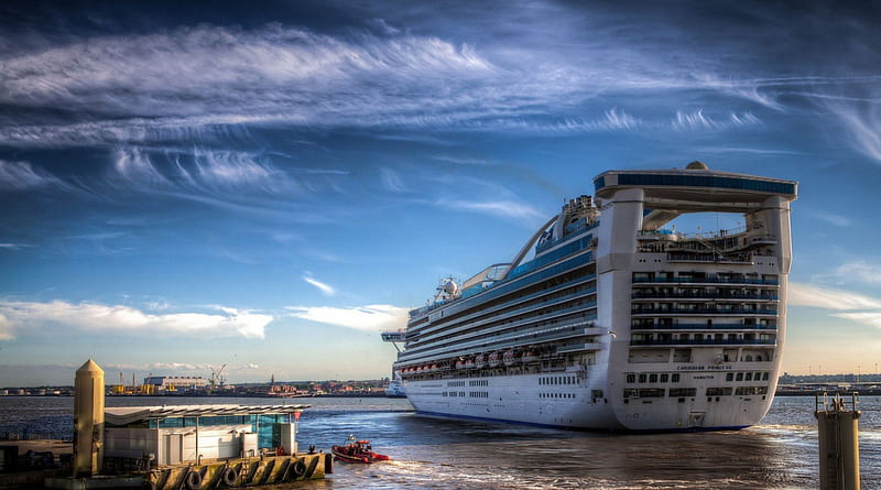 a huge cruise ship leaving port, tug boat, sky, ship, harbor, HD wallpaper
