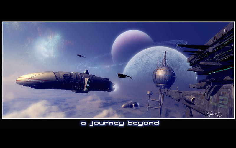 a journey beyond, moon, sky cities, blue sky, clouds, spaceships, ringed planet, HD wallpaper