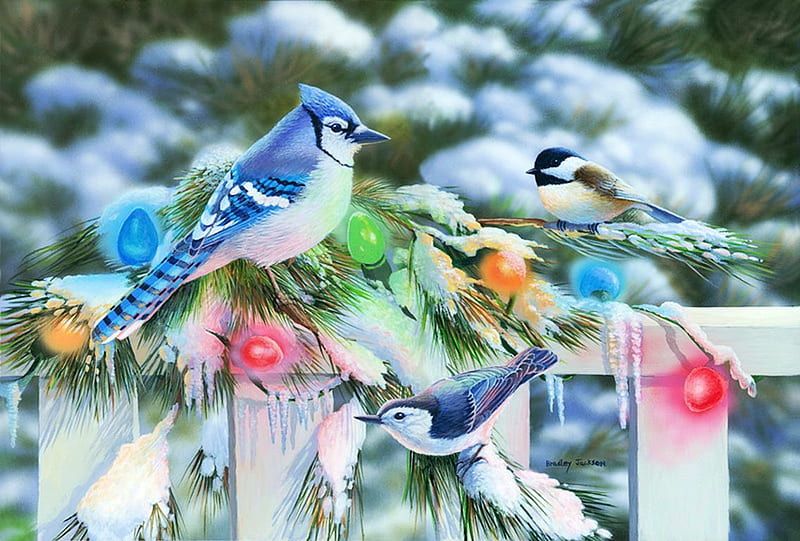 On the Fence, christmas, birds, artwork, lights, winter, chickadee, snow, painting, blue jay, HD wallpaper
