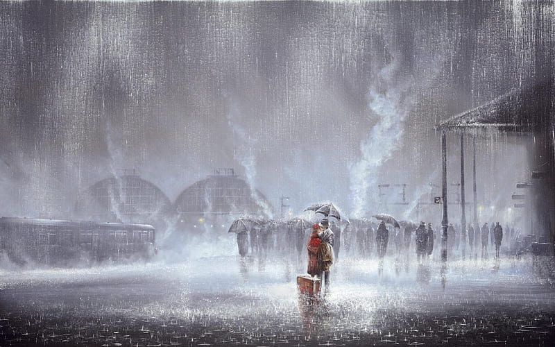 Jeff Rowland painting, red, art, autumn, storm, city, train, snow, people, love, painting, station, jeff rowland, rain, couple, HD wallpaper