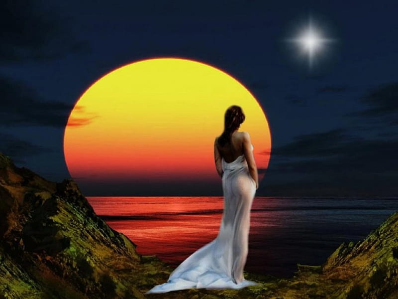 Hermosa puesta de sol, estrellas, puesta de sol, luna, montañas, mujer  hermosa, Fondo de pantalla HD | Peakpx