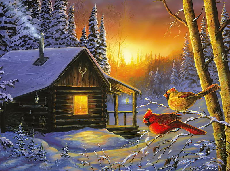 Winter watchers, house, cottage, cabin, watcher, bonito, sunset, lights, cold, cardinals, mountain, painting, evening, frost, night, art, forest, winter, bird, snow, peaceful, wooden, HD wallpaper