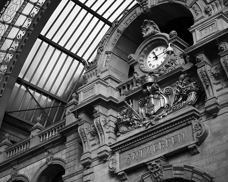 Antwerp, building, architecture, black and white, clock, classic, HD wallpaper