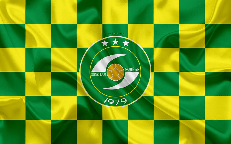 Song Lam Nghe An FC logo, creative art, green yellow checkered flag, Vietnamese football club, V League 1, emblem, silk texture, Vinh, Vietnam, HD wallpaper