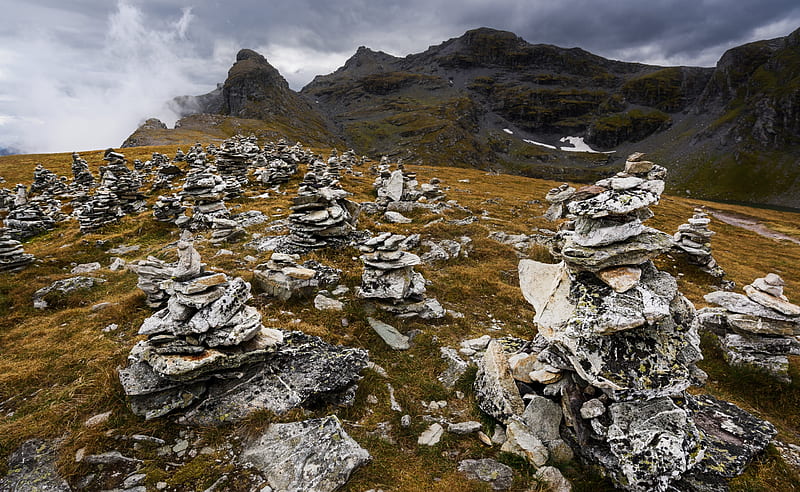 Cairns, Five Lakes Hiking Route, Pizol... Ultra, Europe, Switzerland, Nature, Landscape, Mountain, Rocks, Alps, Stones, Summit, stack, cairns, Pizol, GlarusAlps, fivelakeshikingroute, HD wallpaper