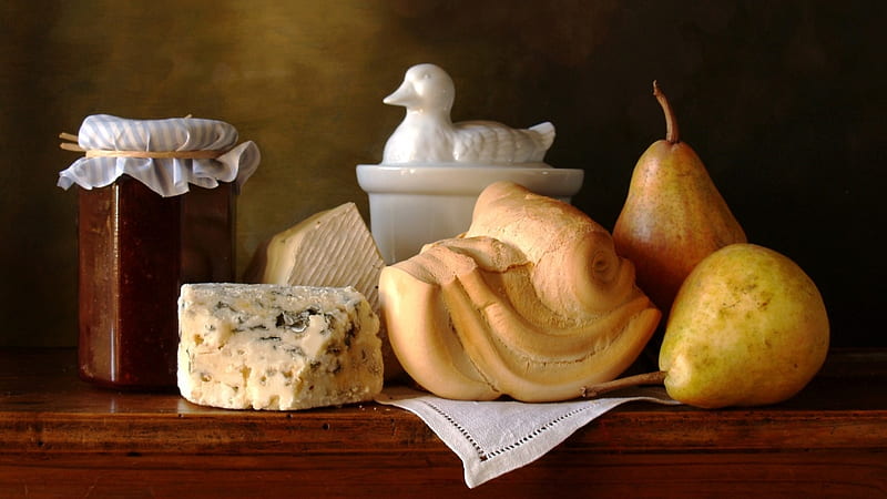 Still Life, bread, cheese, fruits, HD wallpaper