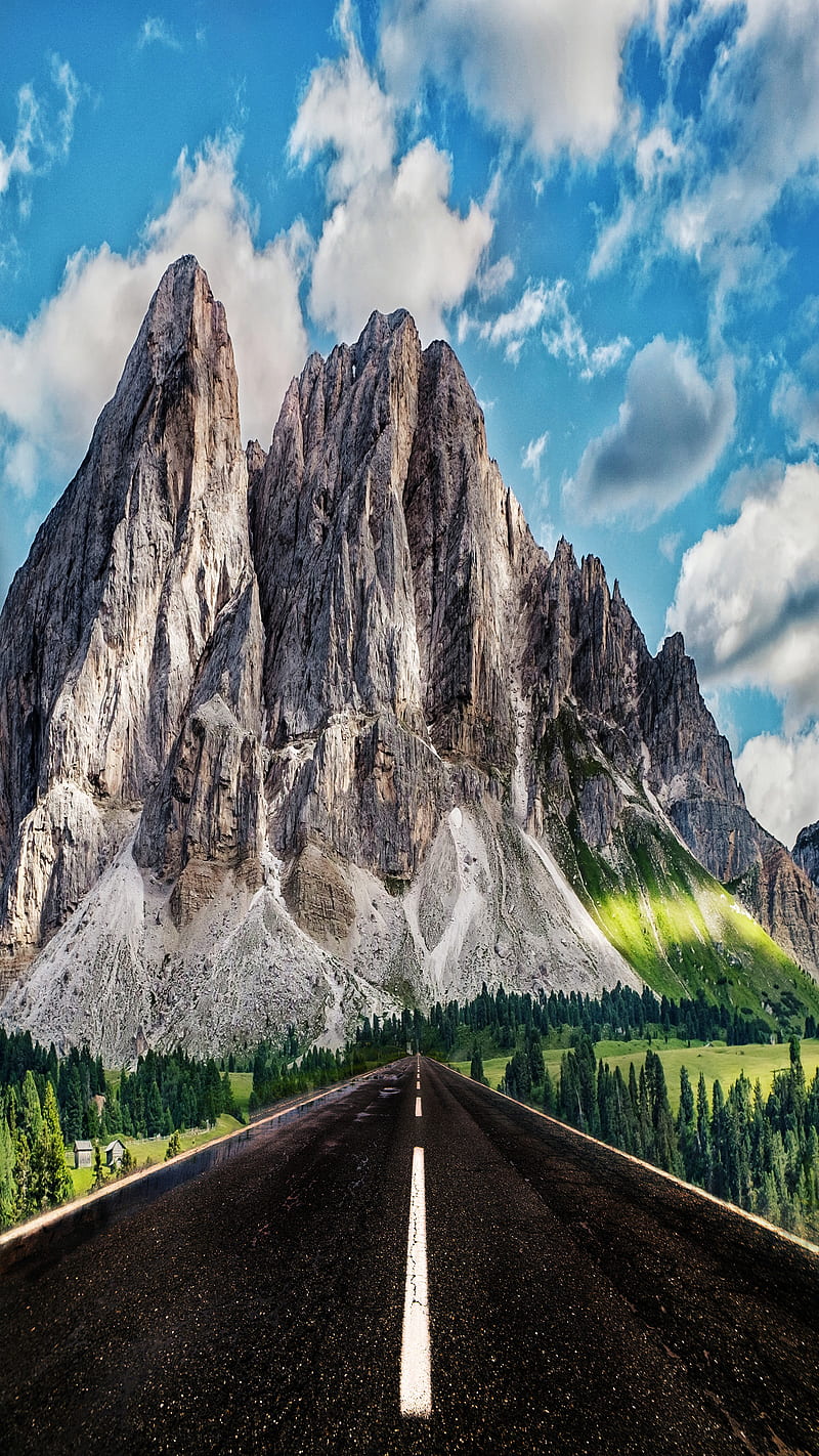 mountain, asphalt, clouds, manzara, paint, trees, yol, HD phone wallpaper