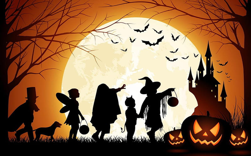 Fairytale Halloween, colorful, lamp, halloween, children, birds, bonito, magic, fairytale, moon, splendor, pumpkin, fairy, night, HD wallpaper