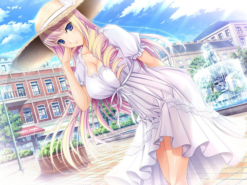 Summer Day, pretty, dress, bonito, woman, sweet, anime, beauty, long hair, lovely, houses, buildings, blonde, park, sky, hat, cute, girl, summer, lady, white, HD wallpaper