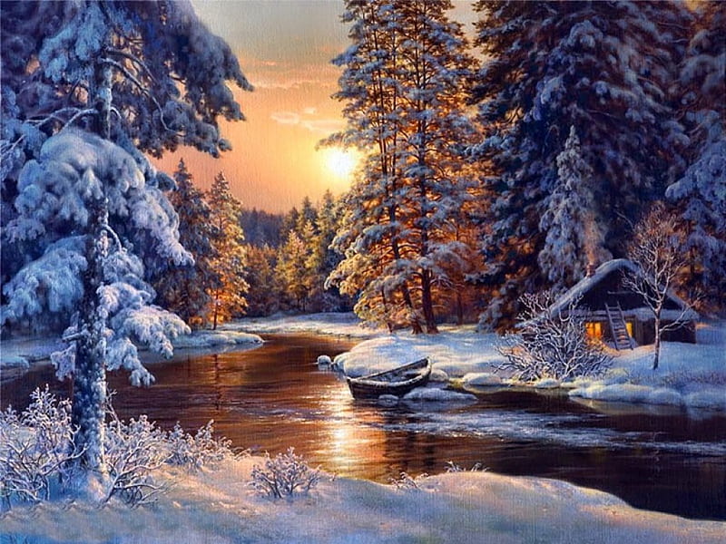 Magic winter day, forest, colorful, house, lovely, cottage, colors, bonito, trees, winter, painting, peaceful, river, HD wallpaper