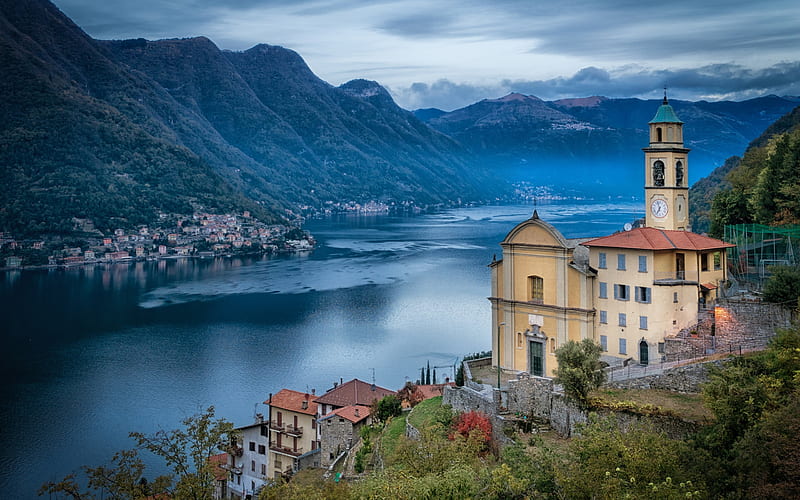 Lake Como, Italy, mountain landscape, big lake, church, Pognana Lario, HD wallpaper