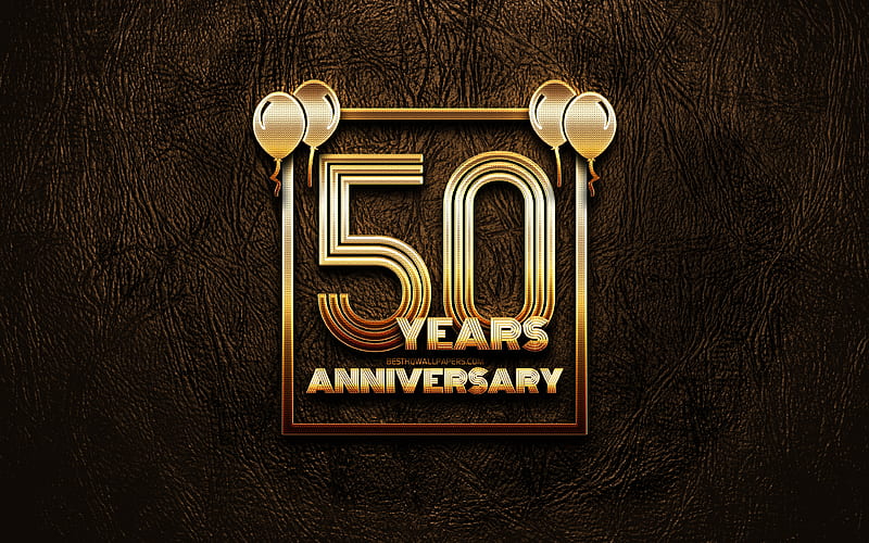 50 Years Anniversary, golden glitter signs, anniversary concepts, 50th anniversary sign, golden frames, brown leather background, 50th anniversary, HD wallpaper