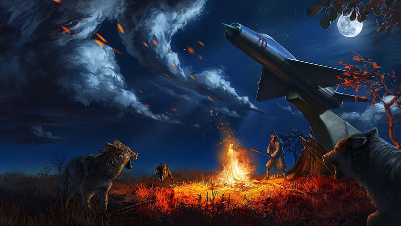 Fire, Bonfire, Wolf, Camping, Video Game, Post Apocalyptic, Atom Rpg, HD wallpaper