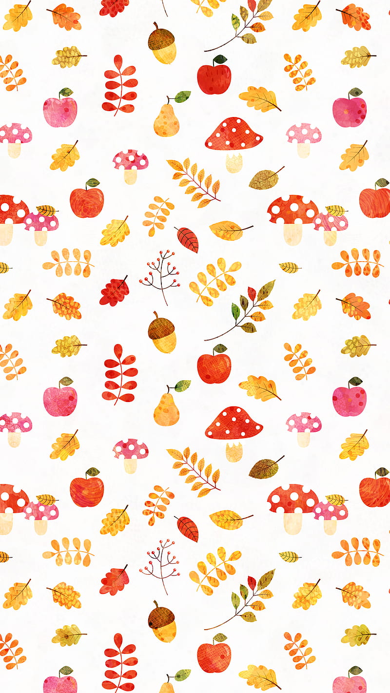 Fall Mushrooms Leaves, Koteto, leaf; autumn; pattern; fall; yellow; cartoon;  red; twig; flat; simple; background; September; October, HD phone wallpaper  | Peakpx