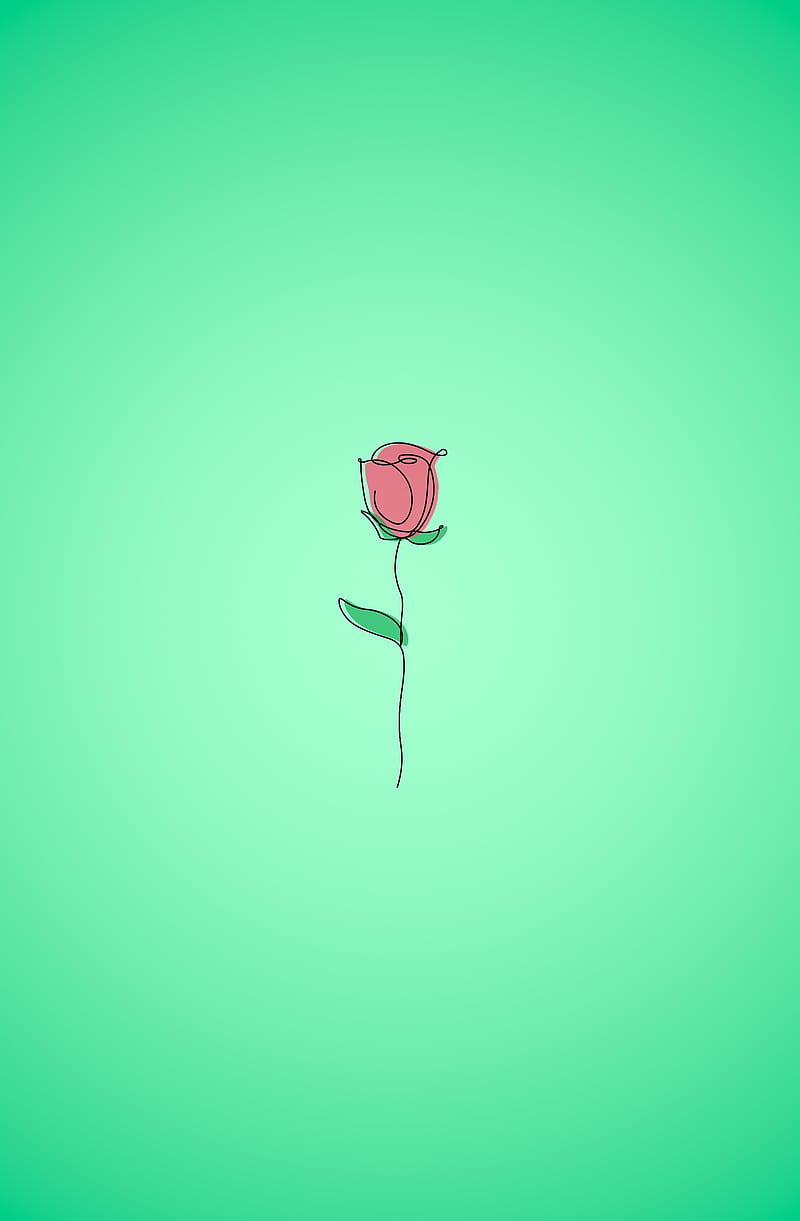 Red Rose , artist, drawing, flower, green background solid, minimalist art minimal design aesthetic pleasing trending popular new fresh high quality phone ultra pastel colors 2022, red rose, valentine's day, HD phone wallpaper