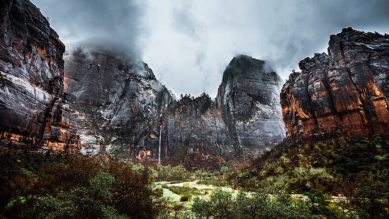 Zion Waterfall , waterfall, nature, mountains, sky, national-park, HD wallpaper