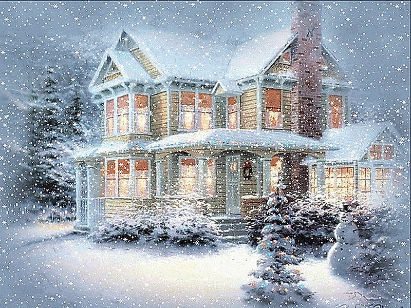 Flurries, house, lit windows, trees, snowman, bushes, winter, cold, snow, HD wallpaper