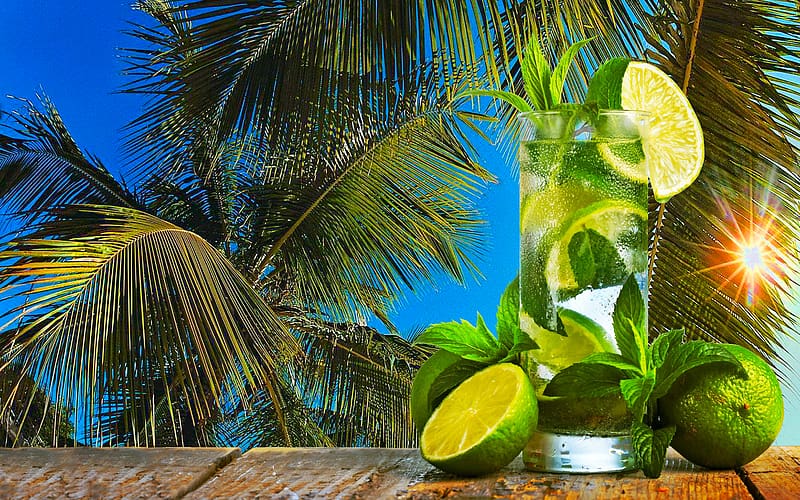 Food, Summer, Glass, Tropical, Cocktail, Mojito, Palm Tree, HD wallpaper