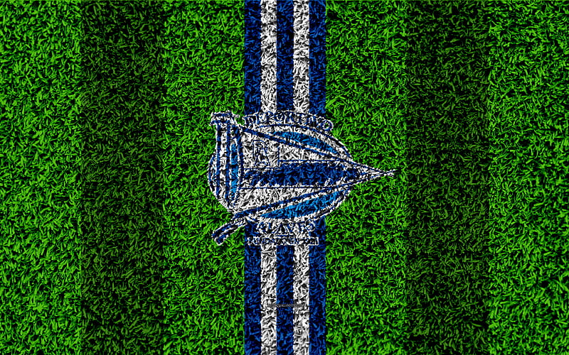 Deportivo Alaves FC logo, football lawn, Spanish football club, blue white lines, grass texture, emblem, La Liga, Vitoria-Gasteiz, Spain, football, HD wallpaper