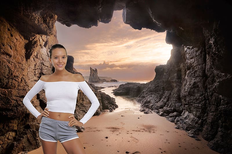 Katya Clover in a Australian Sea Cave, blonde, sea cave, shorts, model, australia, smile, HD wallpaper
