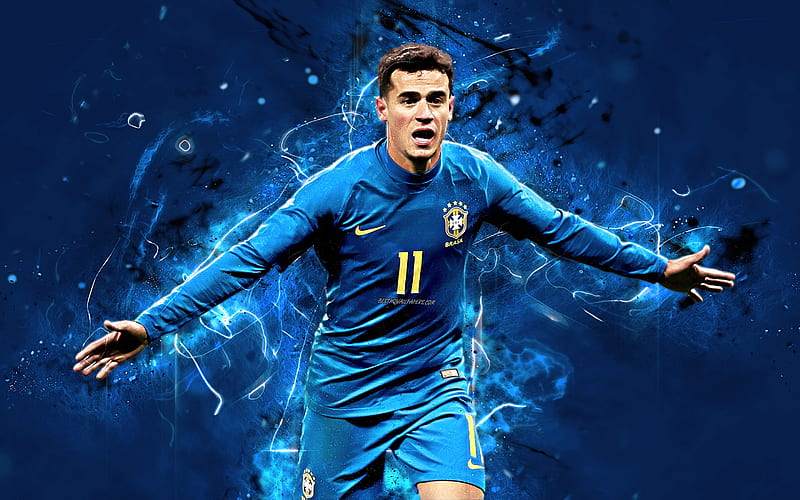 Philippe Coutinho, goal, blue uniform, Brazil National Team, fan art, Coutinho, soccer, footballers, neon lights, football stars, abstract art, Brazilian football team, HD wallpaper