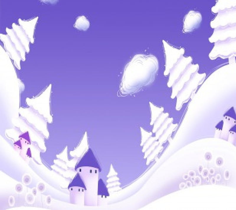 Christmas in Purple, purple, snow, houses, white, clouds, abstract ...