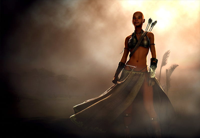Nubia Hunter, bow, bald, woman, hunter, arrows, HD wallpaper