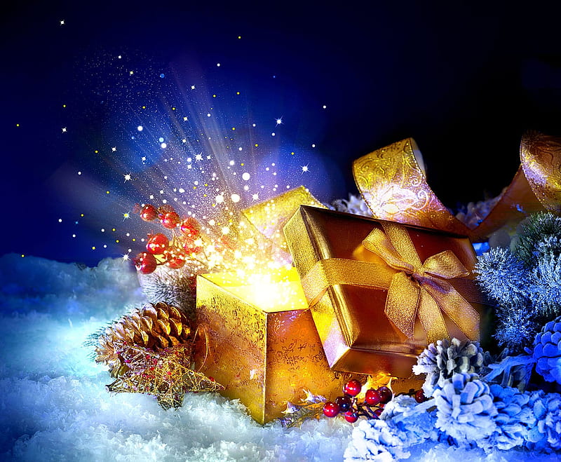 Christmas Gifts, snow, parcel, artwork, lights, star, HD wallpaper