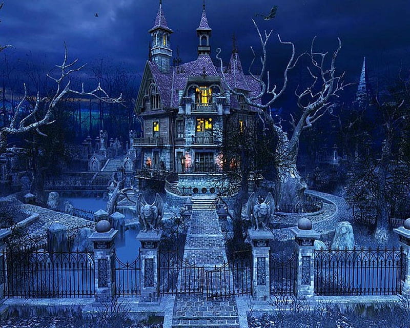 A Haunted Mansion, fence, bat, mansion, grave yard, trees, gargoyles, HD wallpaper