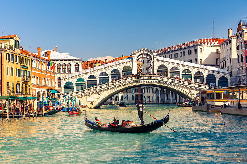 Rialto Bridge Venice, art, man, venice, boat, water, painting, rialto bridge, pictura, italy, blue, HD wallpaper