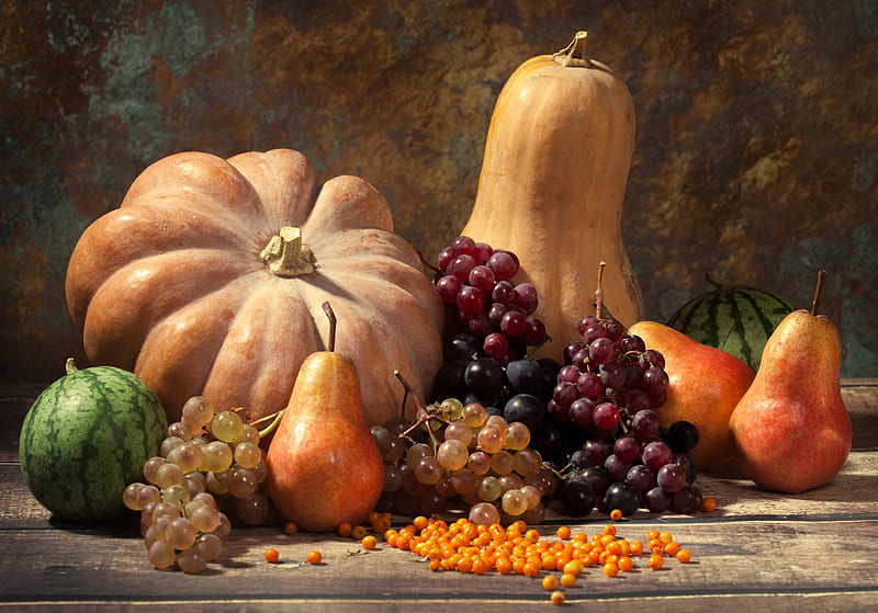 Autumn Still Life 5, grapes, harvest, Autunm, food, pumpkin, gourds, HD wallpaper
