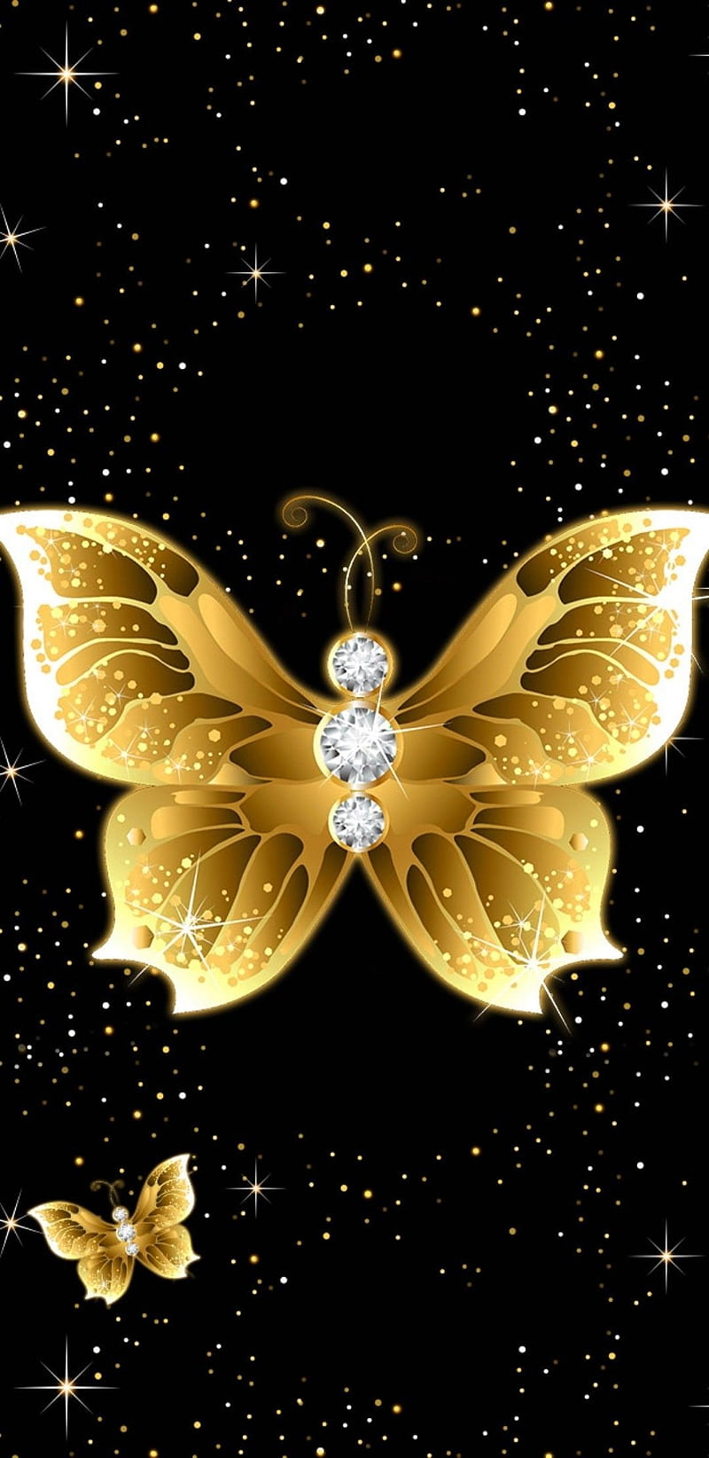 Golden Butterflies, butterfly, diamond, glitter, gold, golden, pretty, sparkle, HD phone wallpaper