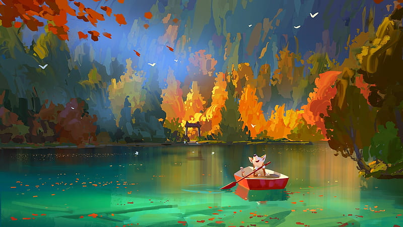fantasy landscape, lake, boat, autumn, trees, scenery, cute creature, Fantasy, HD wallpaper