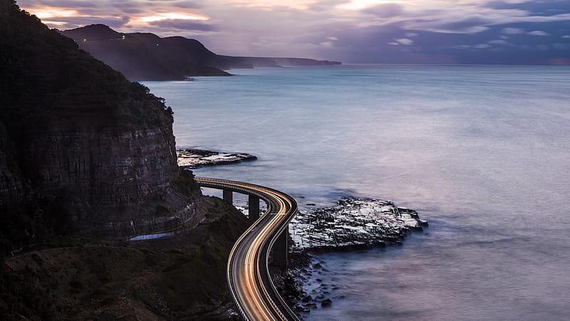 wonderful coastal road at sunset, cliff, sunset, road, coast, lights, sea, HD wallpaper