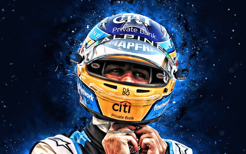 Fernando Alonso, 2021, Alpine F1 Team, spanish racing drivers, Formula 1, blue neon lights, F1 2021, Fernando Alonso Alpine, HD wallpaper