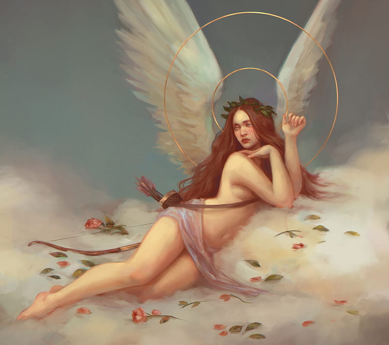 Cupid, angel, flower, white, art, wings, luminos, sophia volovik, rose, fantasy, girl, HD wallpaper